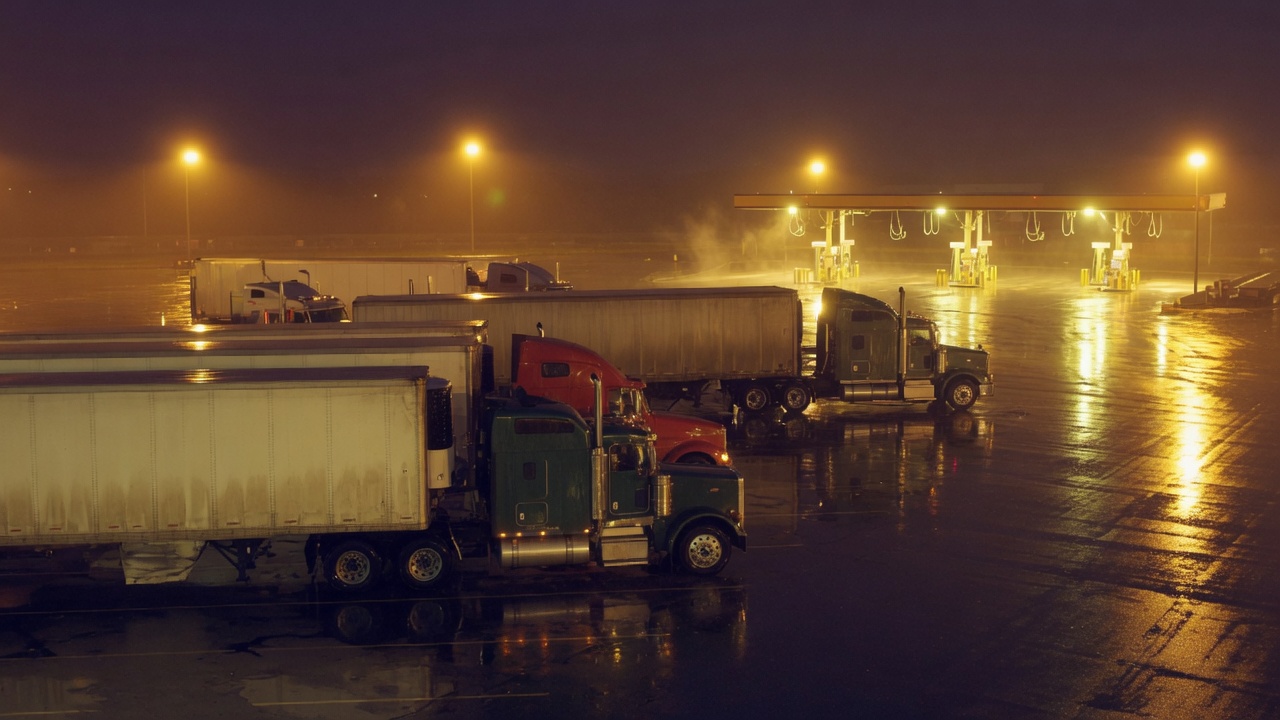 Night truck stop, amber canopy lights